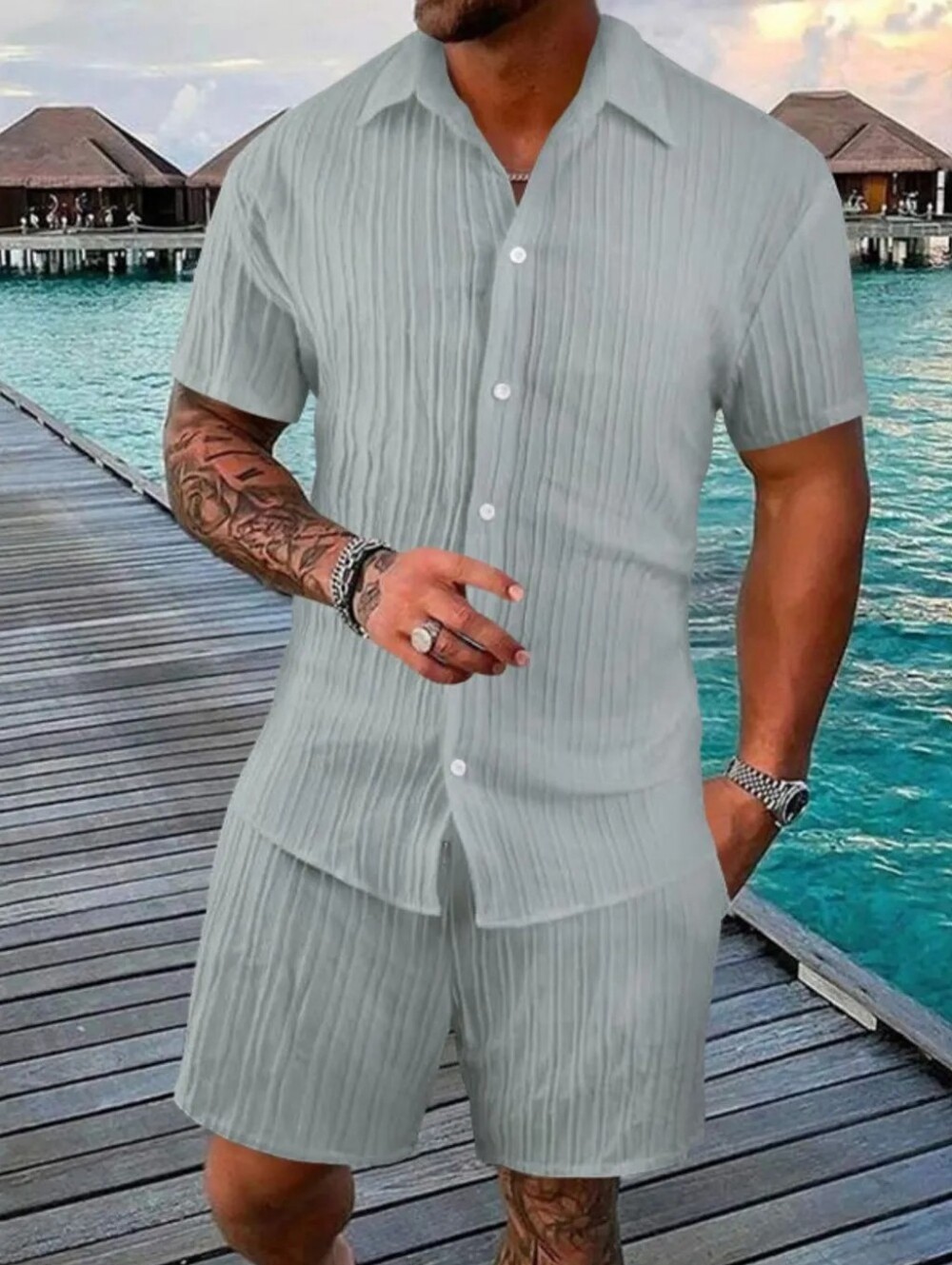 Men's Gray Short Sleeve Shirt and Shorts Set